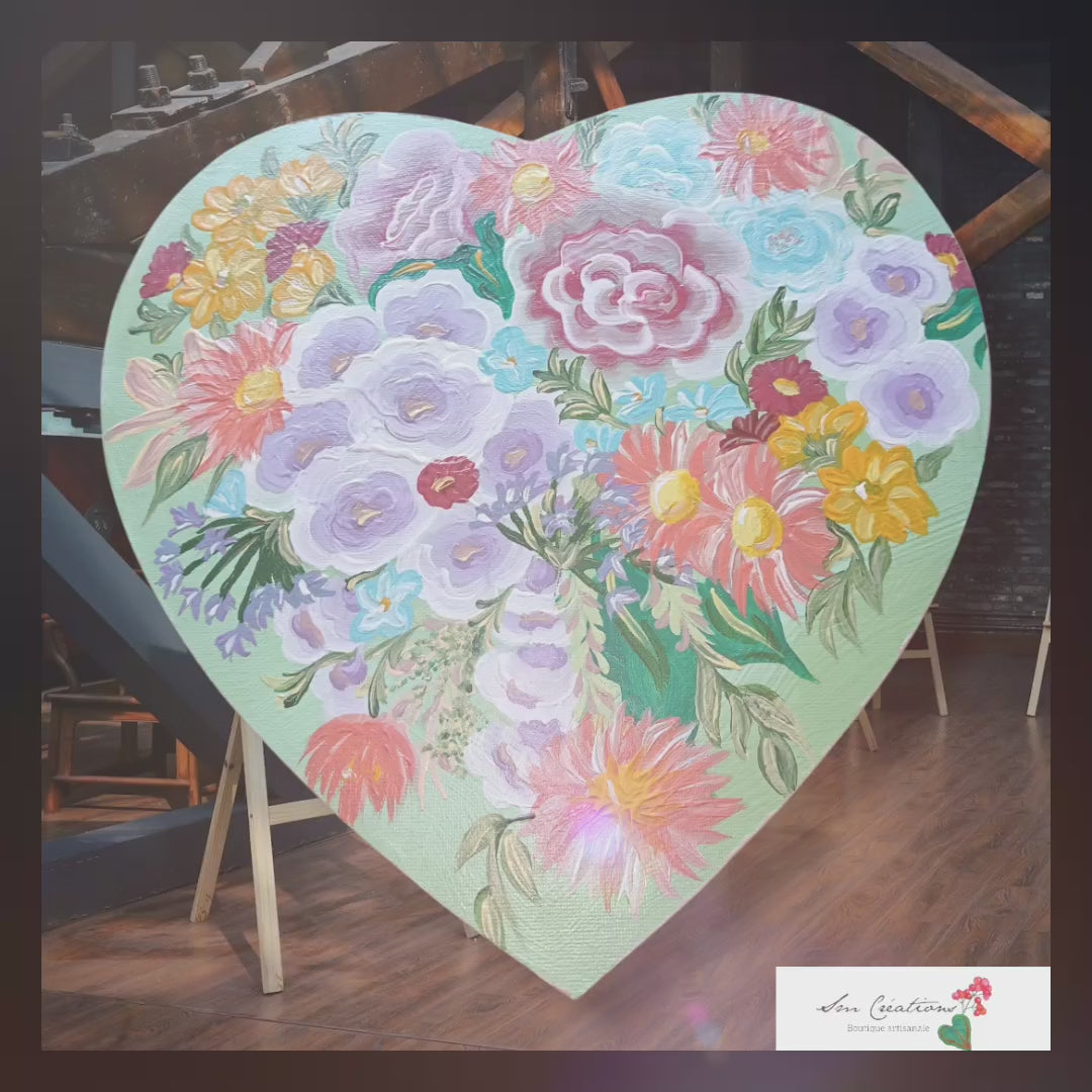 Tableau cœur floral peint à la main – Décoration murale romantique – Art bohème fleurs pastel – Cadeau unique Nature Lover "Garden  Green'' signé Sm