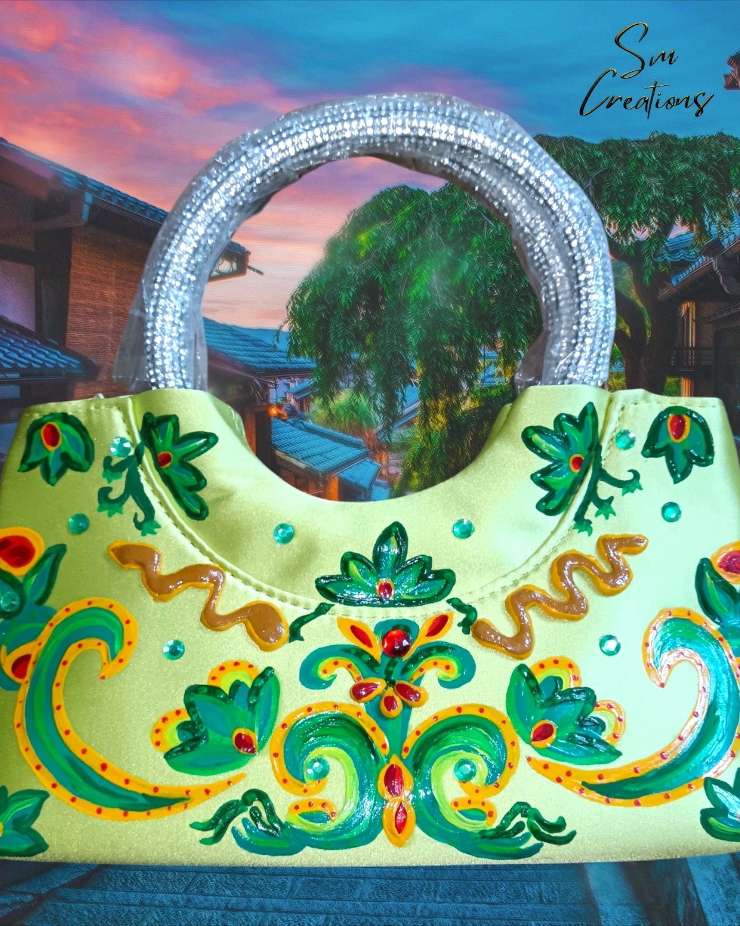 Sac à main Design Inédit ''Handmade with paint'' Coloris vert acidulé/ écarlate