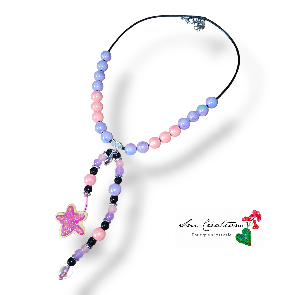 Collier unique Orange poudré/ Violet irisé au pendentif fais main