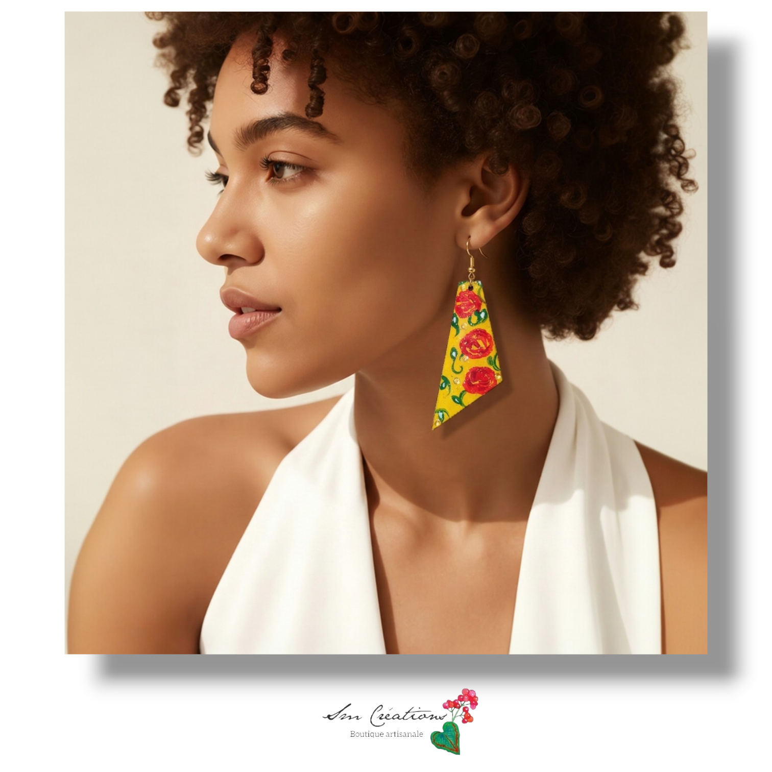Boucle d'oreille artistique |''Jaune et roses rouges''| 95% Naturel Fais Main