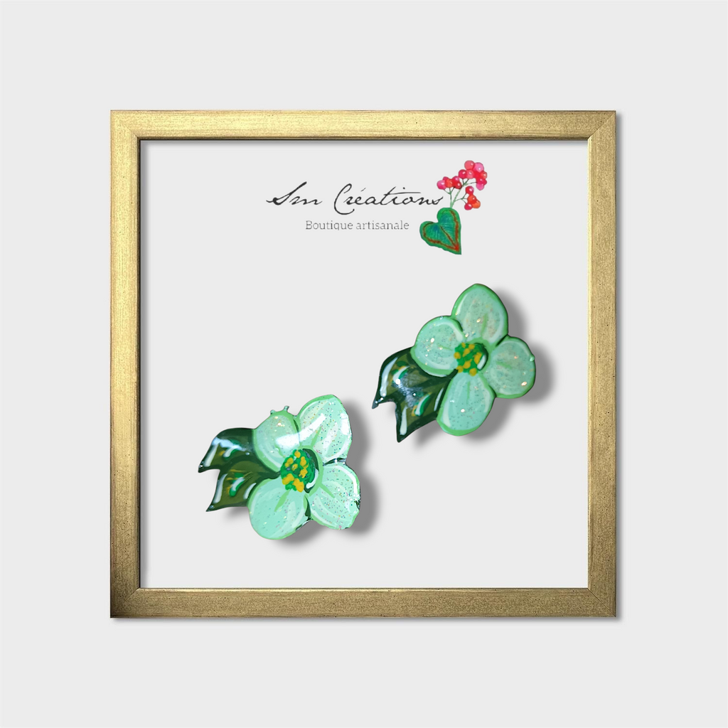 Boucle d'oreille artistique |''Flowers Pin's''| 95% Naturel Fais Main - Arte chic / Coloris Vert