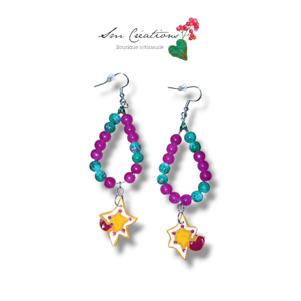 Boucle d'oreille artistique |''Etoile et petit coeur''| 95% Naturel Fais Main