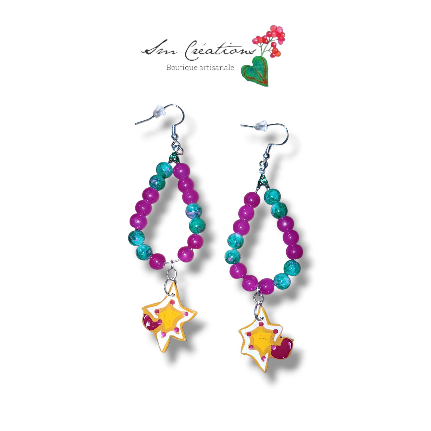 Boucle d'oreille artistique |''Etoile et petit coeur''| 95% Naturel Fais Main