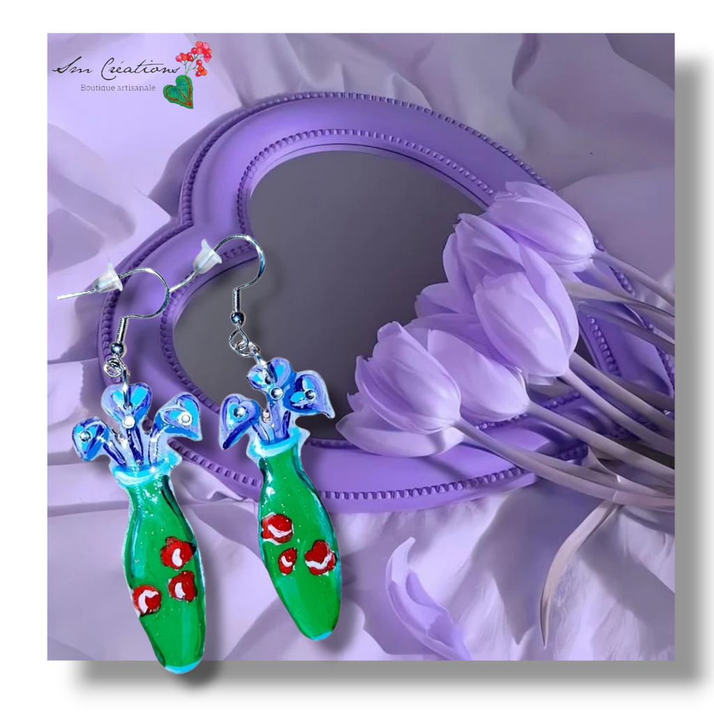 Boucle d'oreille artistique |''Feuillage violine en vase'' Flowers Pop| 95% Naturel Fais Main