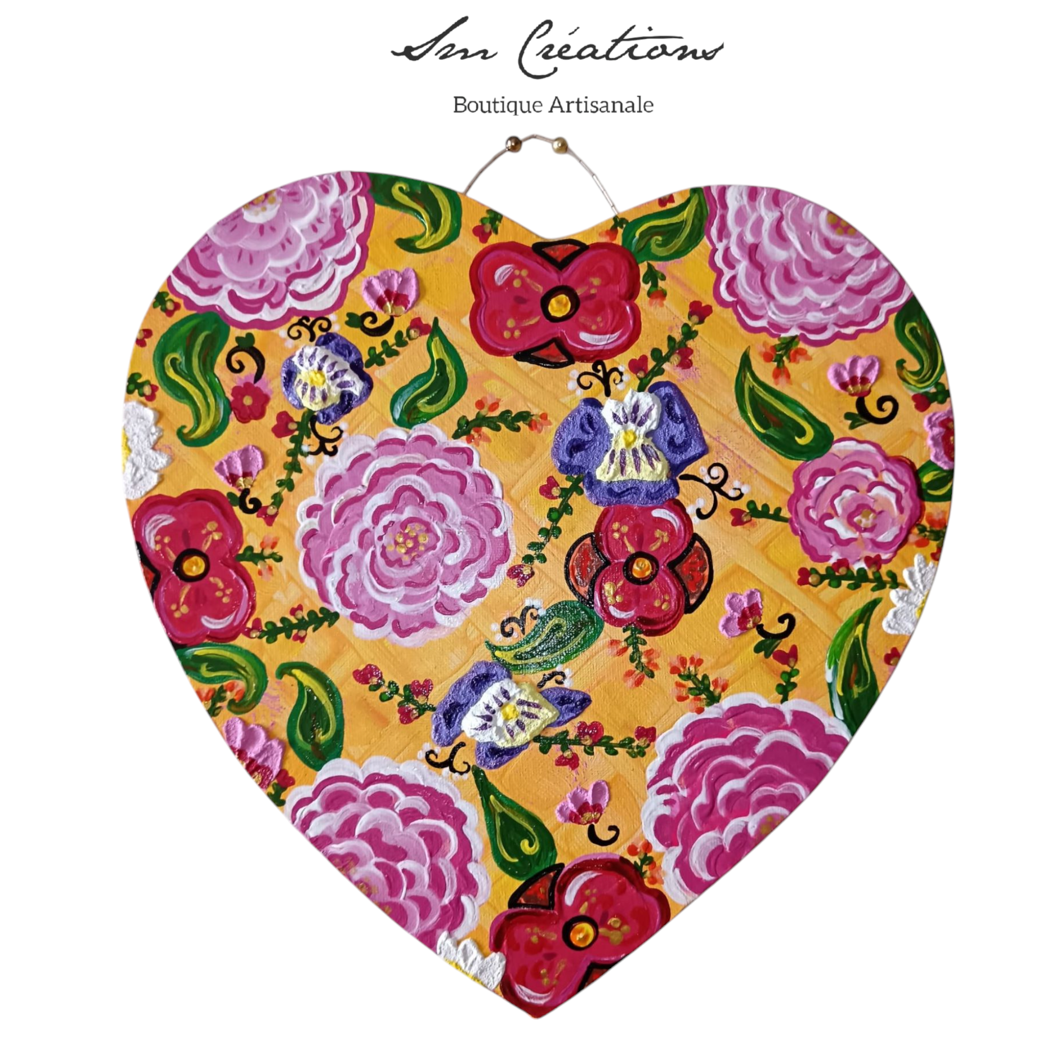 "Coeur fleur de miel" Peinture acrylique/ texturée 29X29 cm avec attache perlée artisanale- Exemplaire unique signé