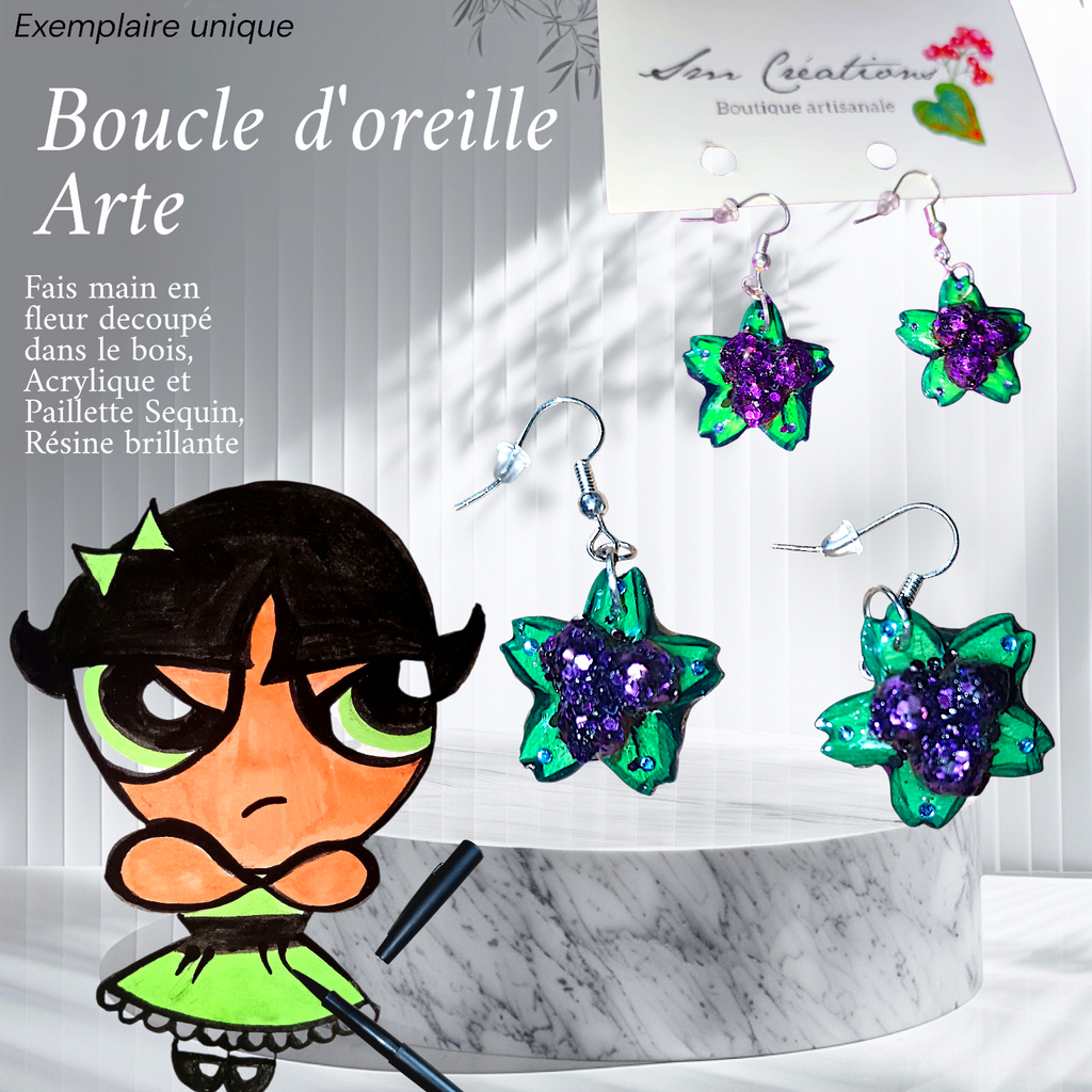 Boucle d'oreille Arte| Fleurs en violet Sequin| 95% Naturel