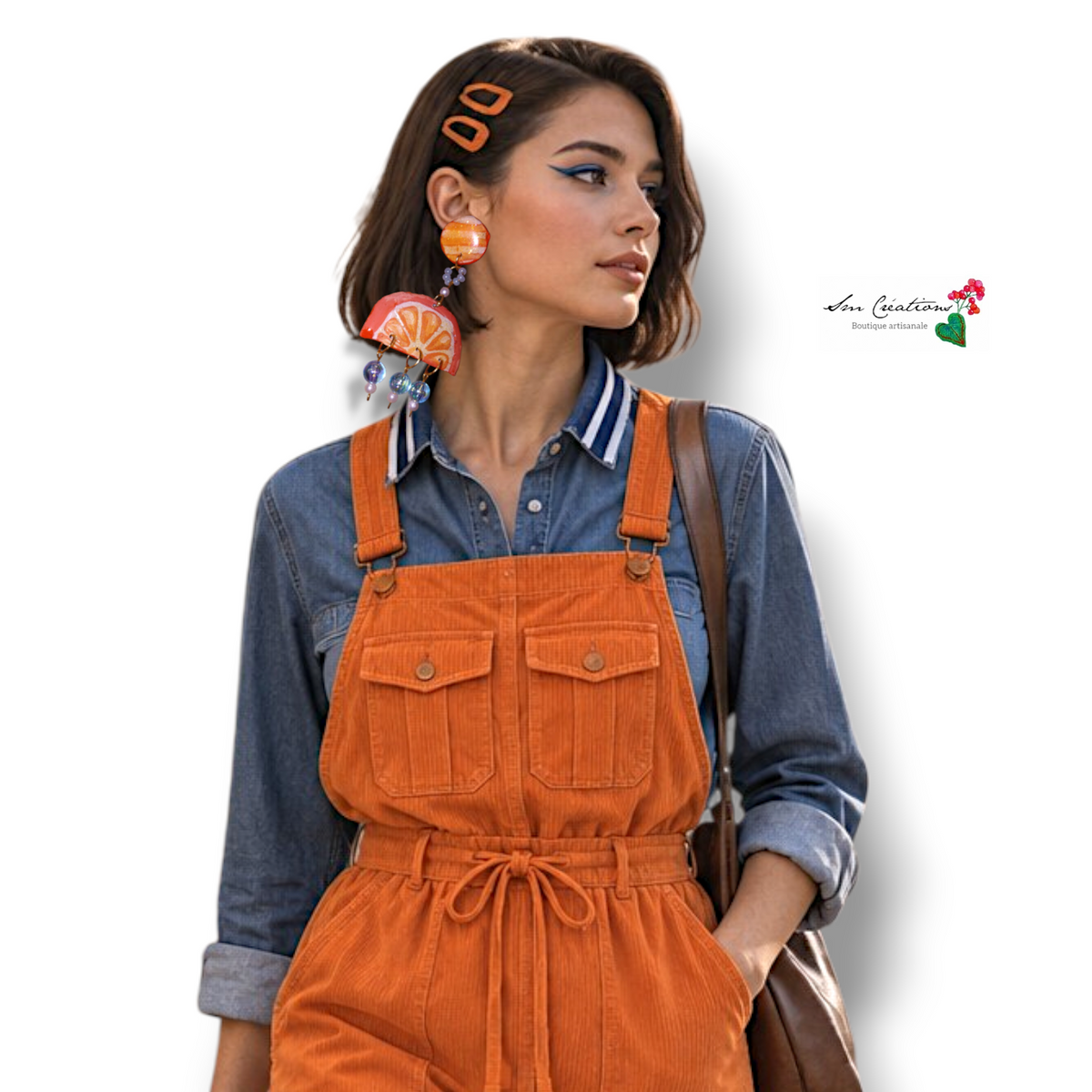 Boucle d'oreille pendante ''Orange bleu'' Fais main