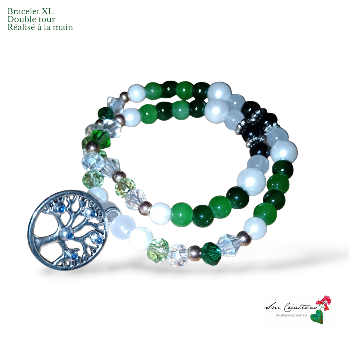 Bracelet XL Double tour - Coloris vert anis/ Détail Arbre de vie - Fais main
