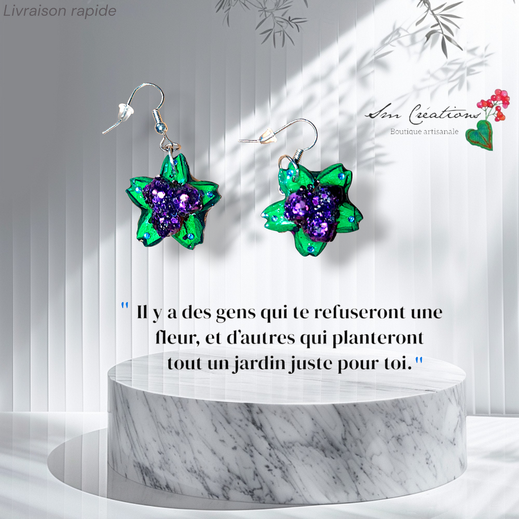 Boucle d'oreille Arte| Fleurs en violet Sequin| 95% Naturel