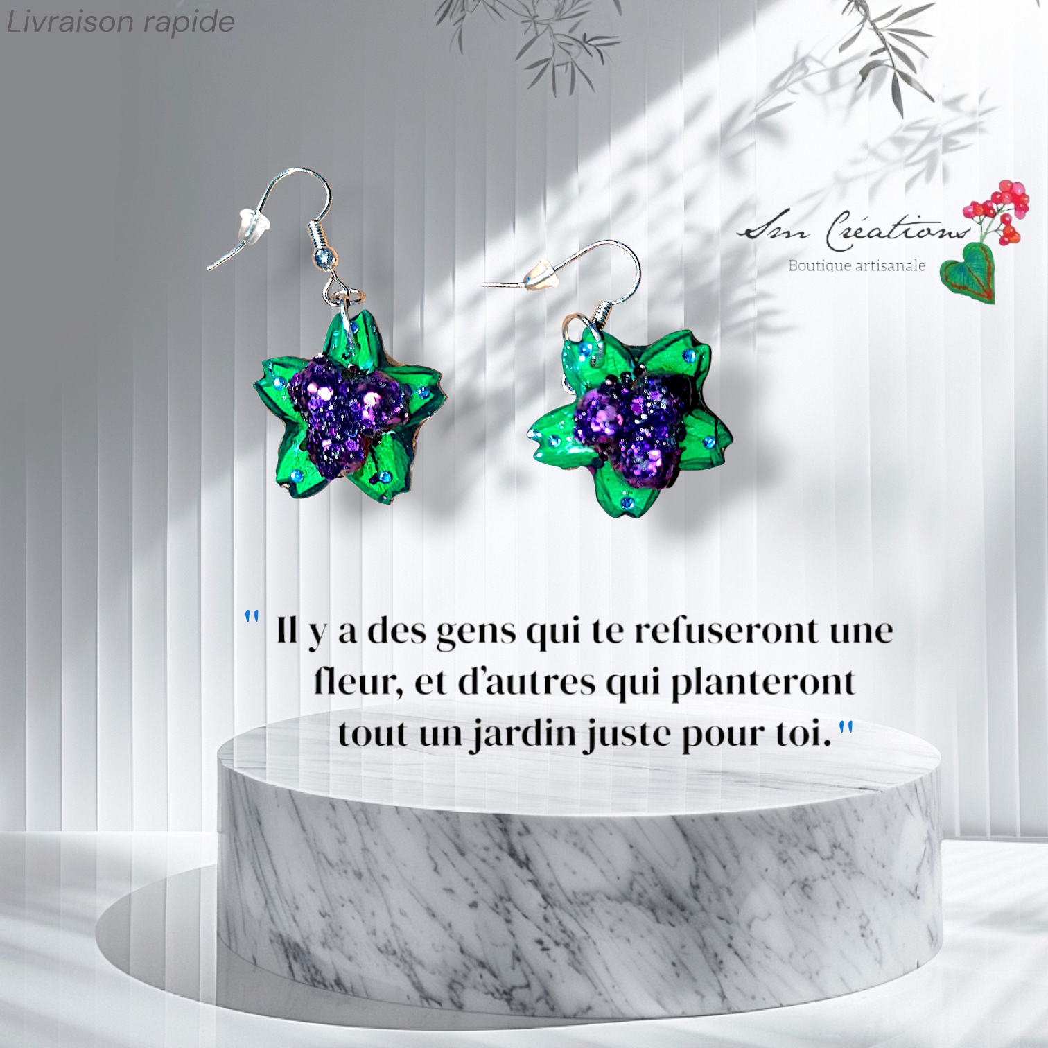 Boucle d'oreille Arte| Fleurs en violet Sequin| 95% Naturel
