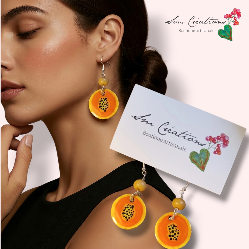 Boucle d'oreille artistique |''Papaya ''| 95% Naturel Fais Main