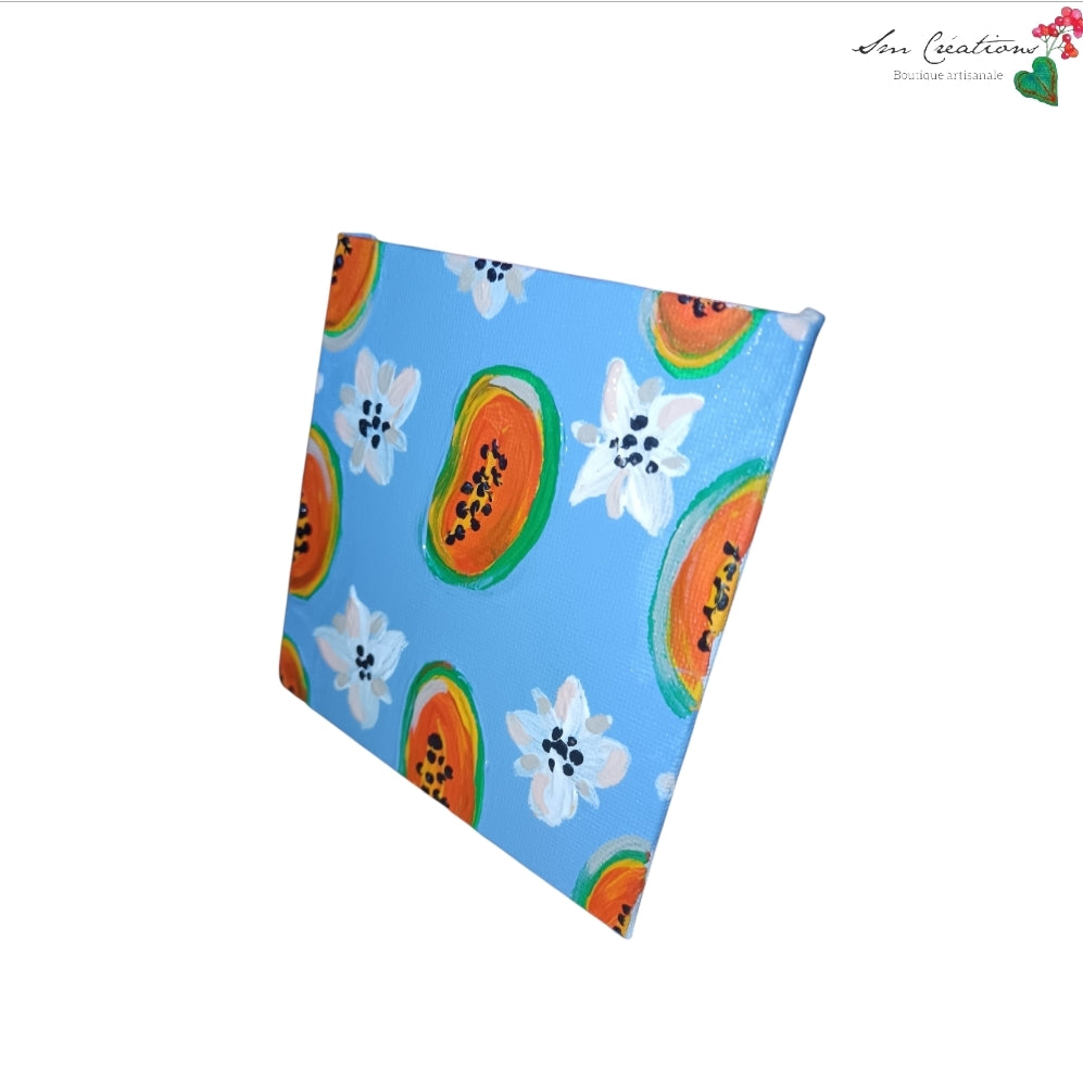 Aimant magnétique artisanal peint à la main – Décoration tropicale été – Magnet papaye et fleurs – Pièce unique