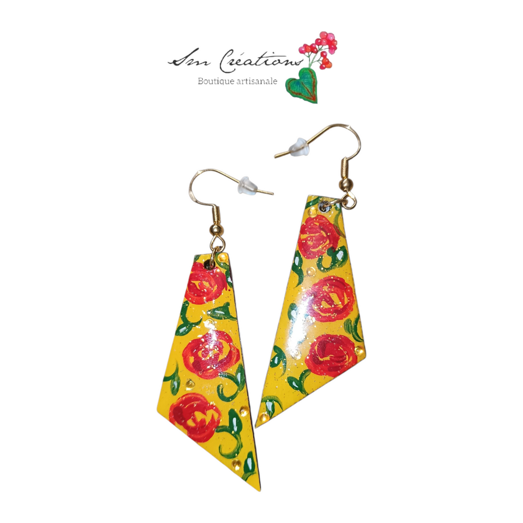 Boucle d'oreille artistique |''Jaune et roses rouges''| 95% Naturel Fais Main