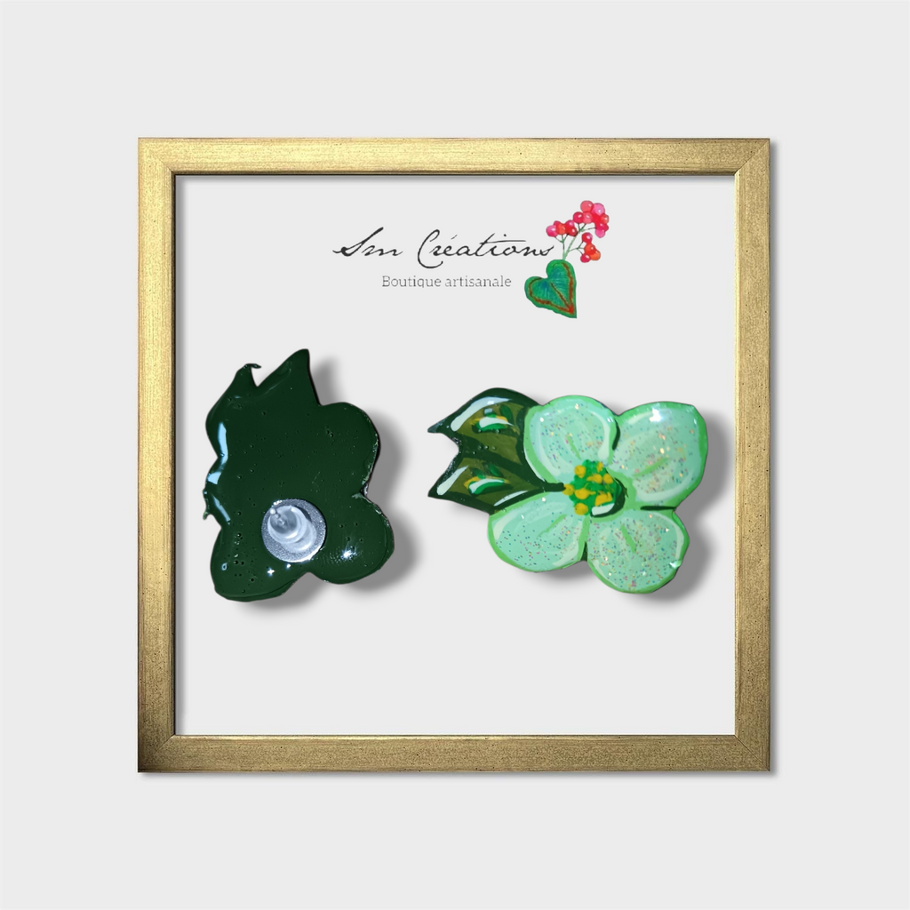 Boucle d'oreille artistique |''Flowers Pin's''| 95% Naturel Fais Main - Arte chic / Coloris Vert