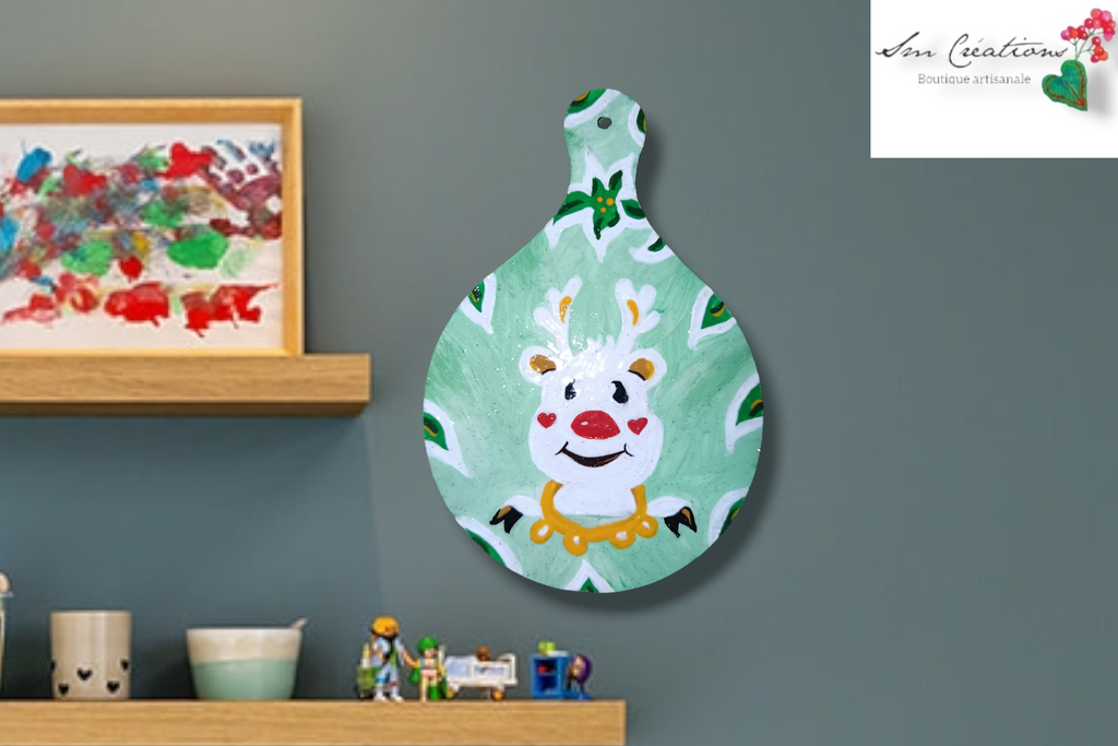 Peinture décoratif joviale ''Cerf blanc et feuilles''| Signé Sm