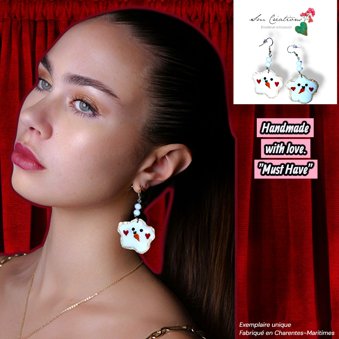 Boucle d'oreille artistique |''Neige en étoile''| 95% Naturel Fais Main