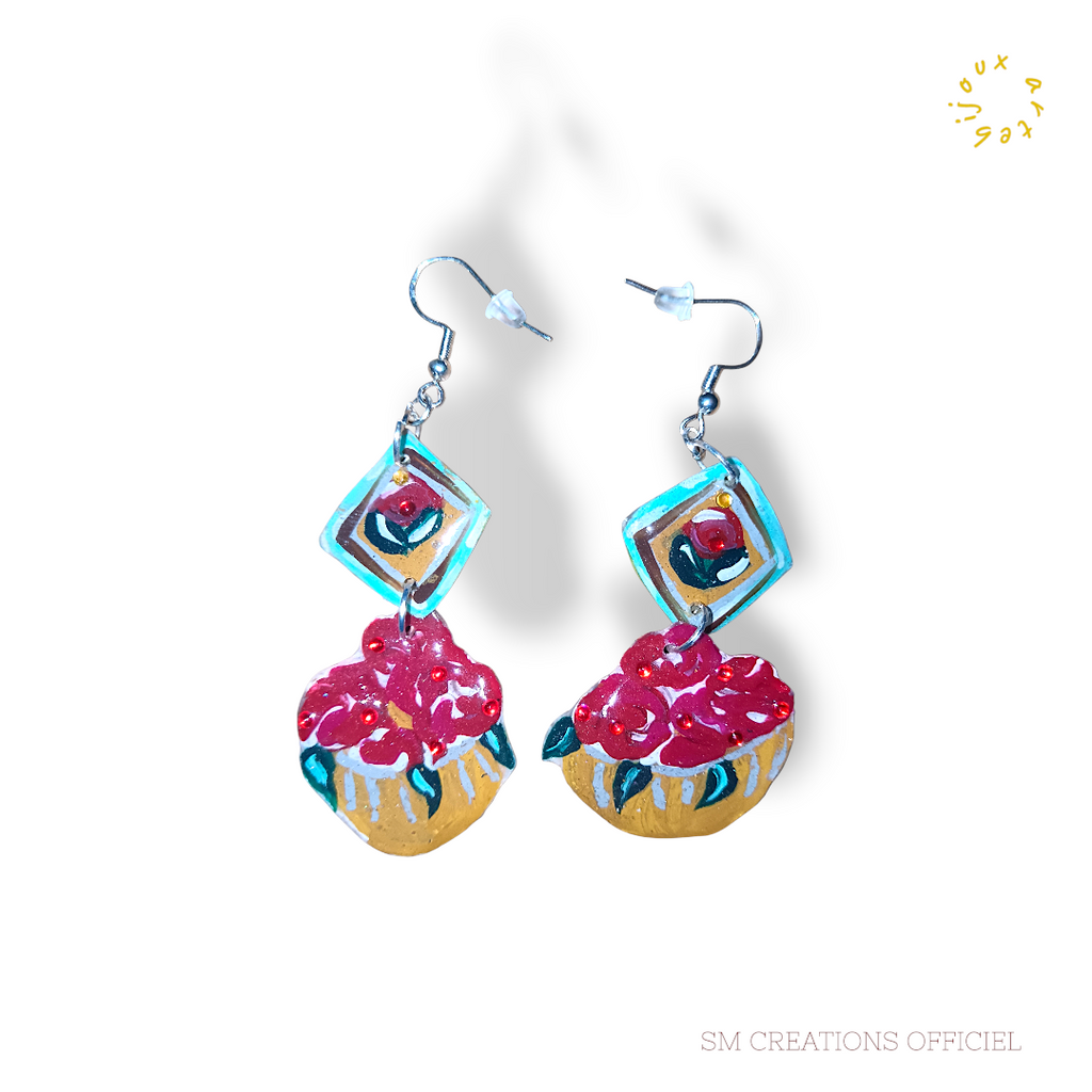 Boucle d'oreille artistique |''Petits paniers de roses ''| 95% Naturel Fais Main