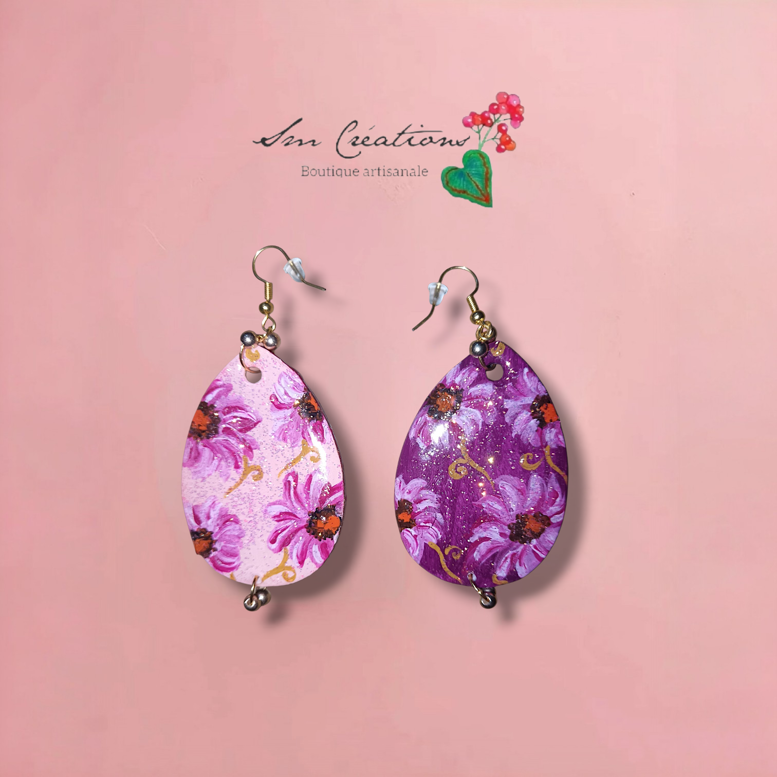 Boucle d'oreille artistique |''Goutte de fleur dépareillée''| 95% Naturel Fais Main - Bohème chic