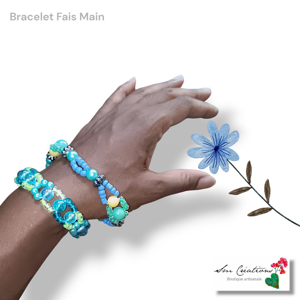 Bracelet artisanal bohème chic Coloris Bleu en perle de rocaille et irisé