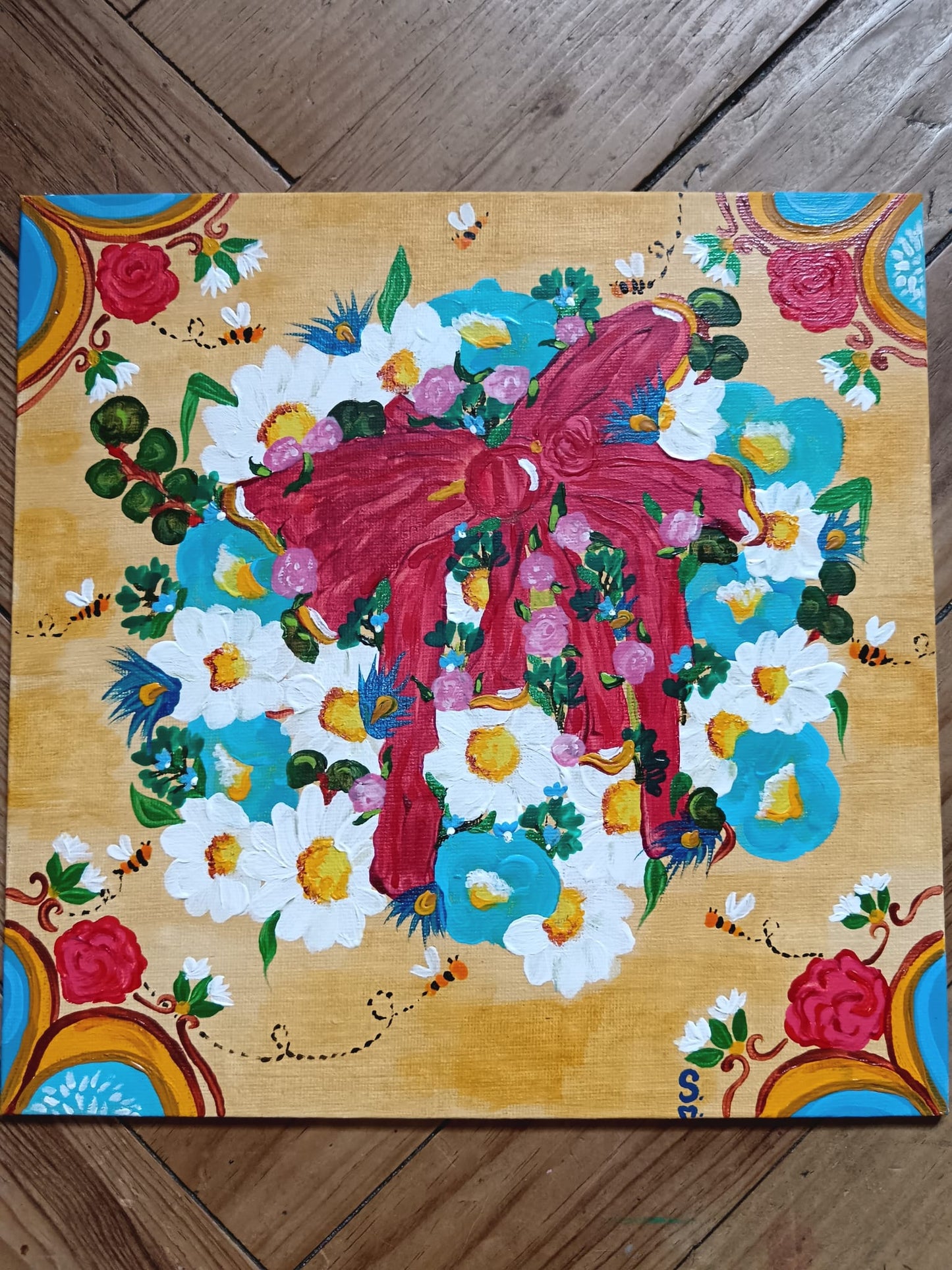 Carré Décoratif ''Toujours + de fleurs" 25*25cm/ Exemplaire unique signé 2025