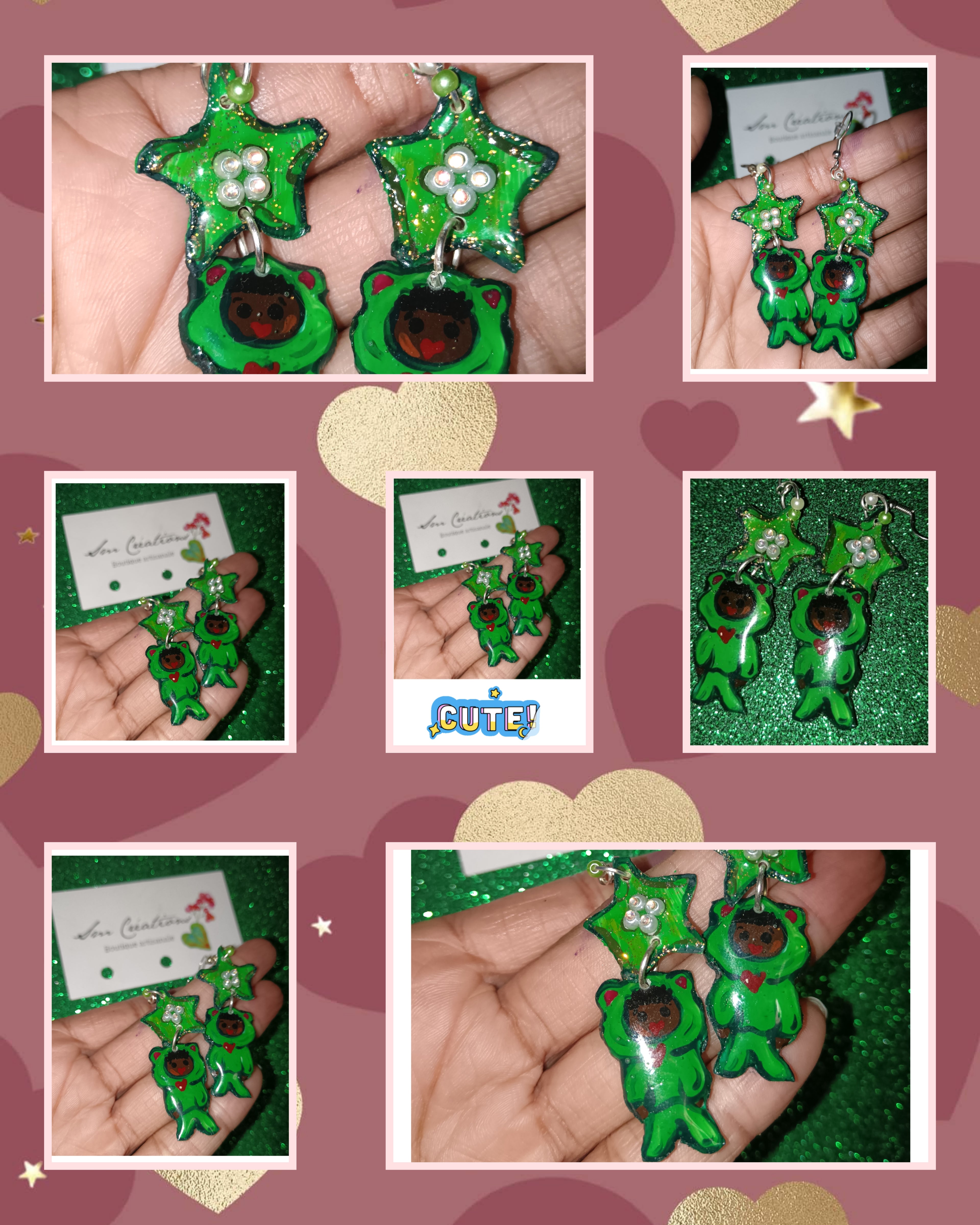 Boucle d'oreille artistique |''Little green ''| 95% Naturel Fais Main
