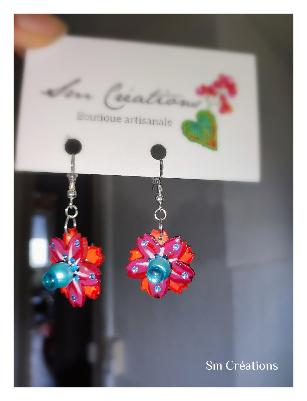 Boucle d'oreille Arte en fleurs orange et bleu| 95% naturel type Bohème Chic