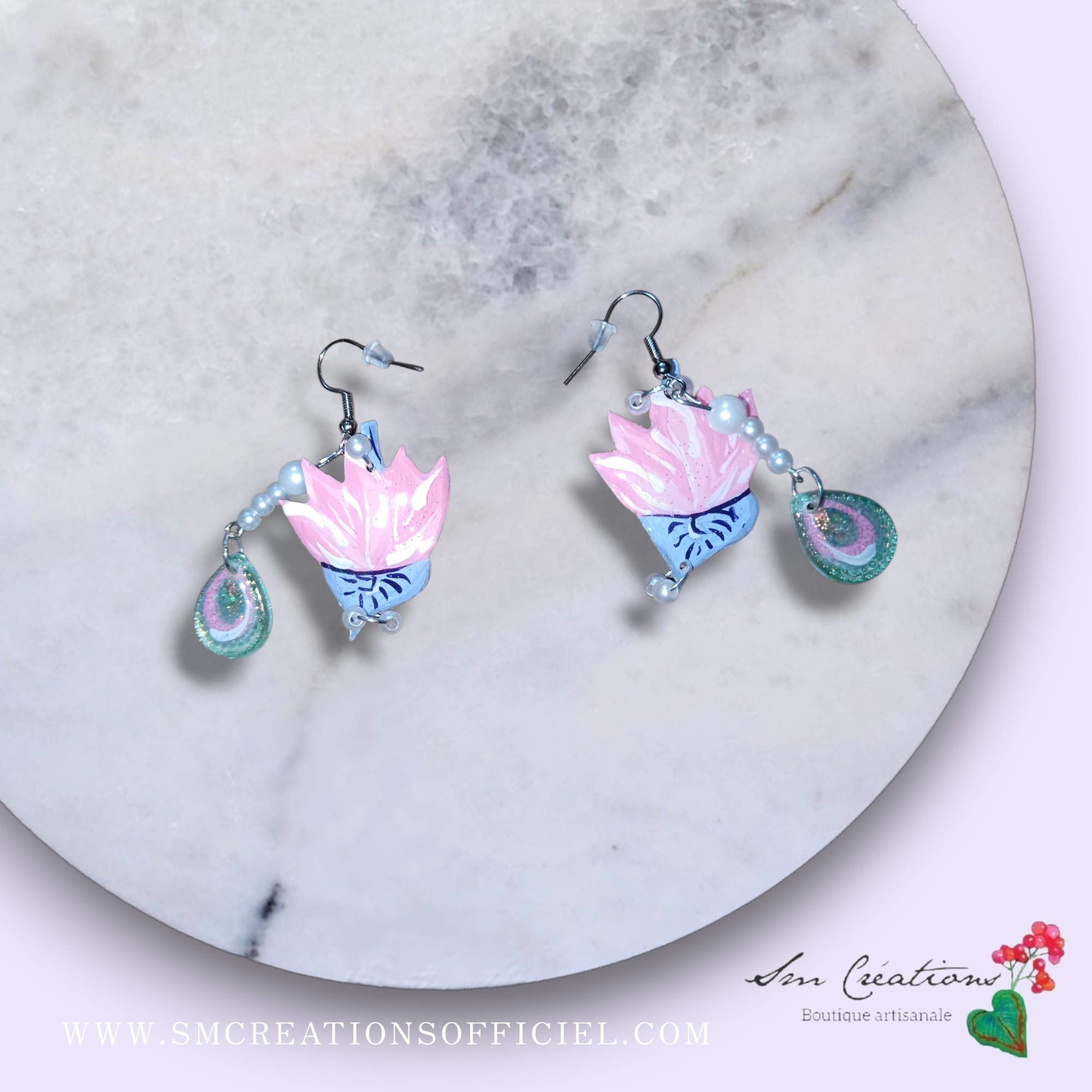 Boucle d'oreille artistique |''Lotus 💜 ''| 95% Naturel Fais Main - Arte chic