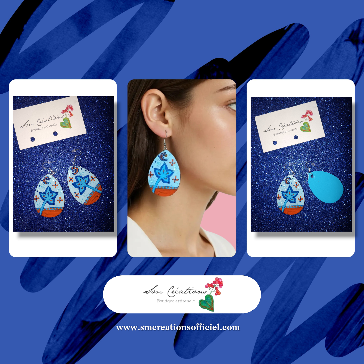 Boucle d'oreille artistique |''Orange et Bleu''| 95% Naturel Fais Main