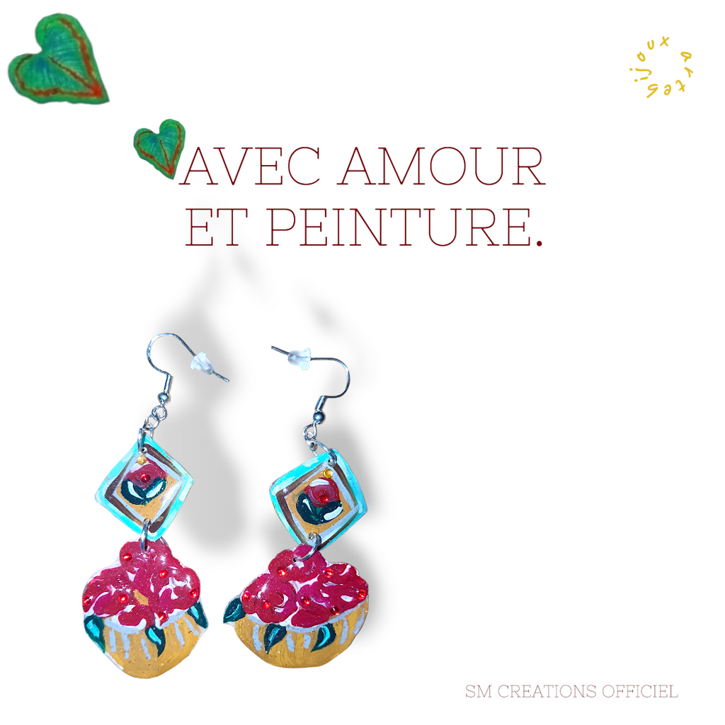 Boucle d'oreille artistique |''Petits paniers de roses ''| 95% Naturel Fais Main