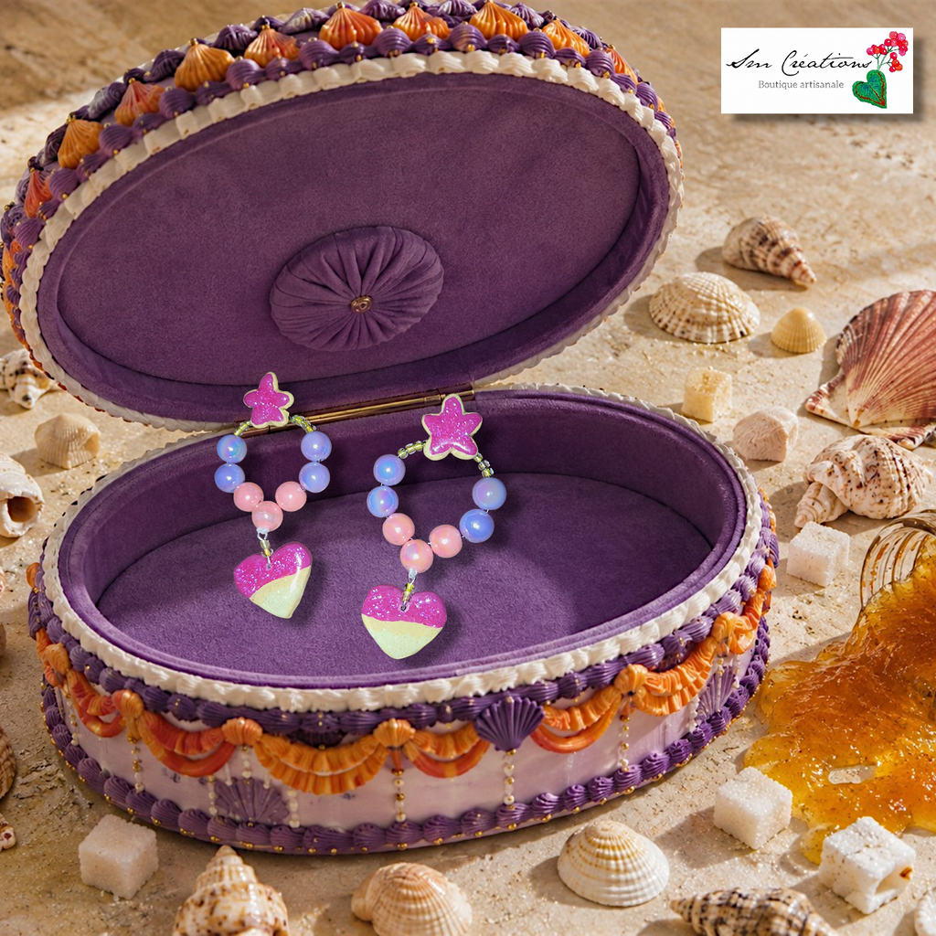 Boucle d'oreille handmade Coeur et étoiles de mer à paillette