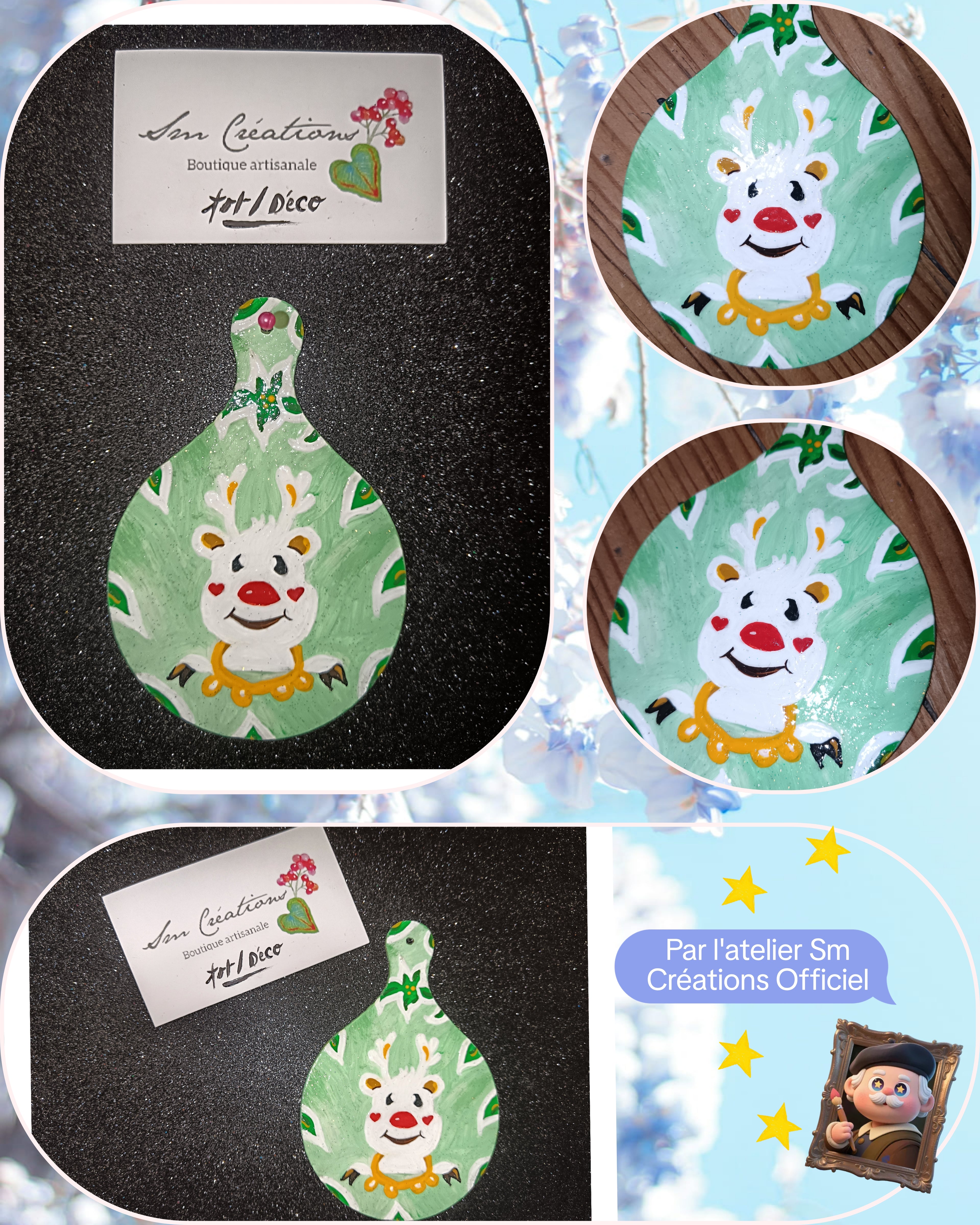 Peinture décoratif joviale ''Cerf blanc et feuilles''| Signé Sm