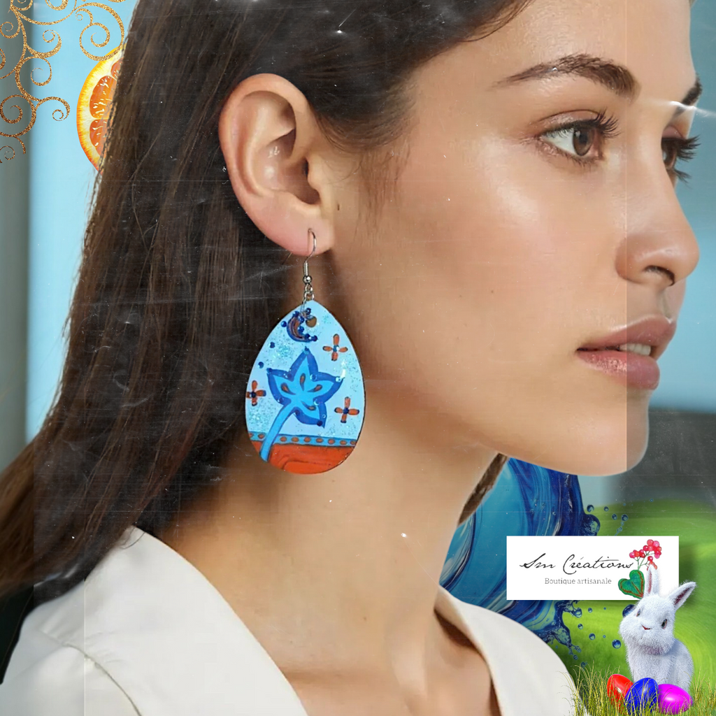 Boucle d'oreille artistique |''Orange et Bleu''| 95% Naturel Fais Main
