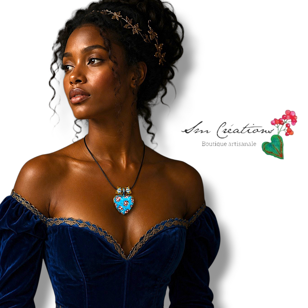 Collier coeur artisanal - Bleu et Marron - Exemplaire unique