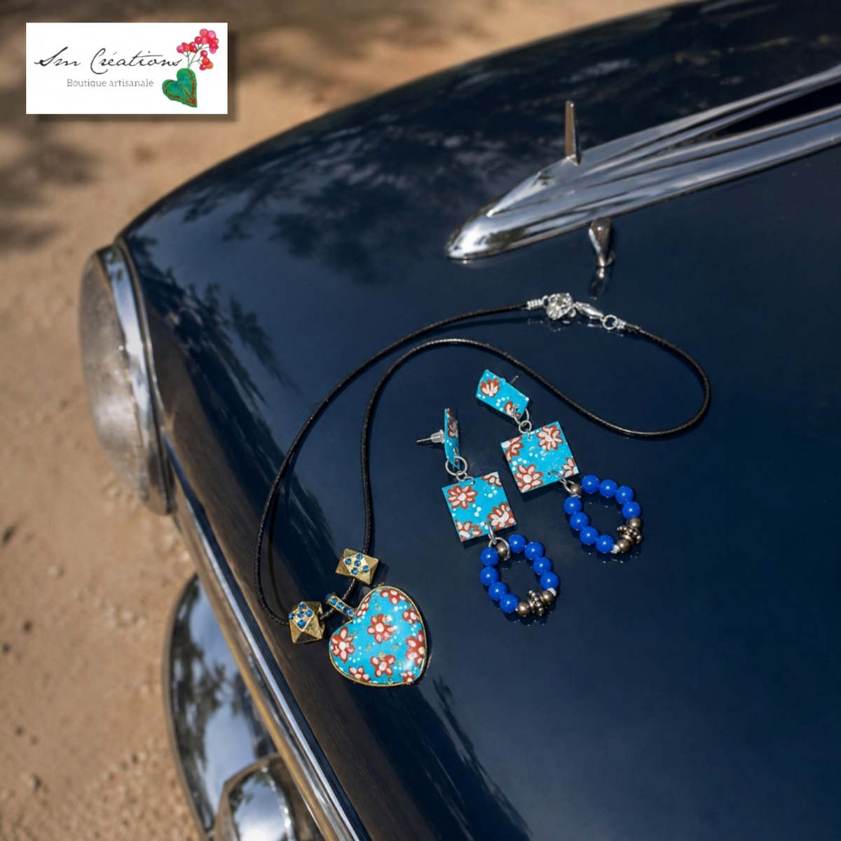 Collier coeur artisanal/ Boucle d'oreille - Bleu et Marron - Exemplaire unique