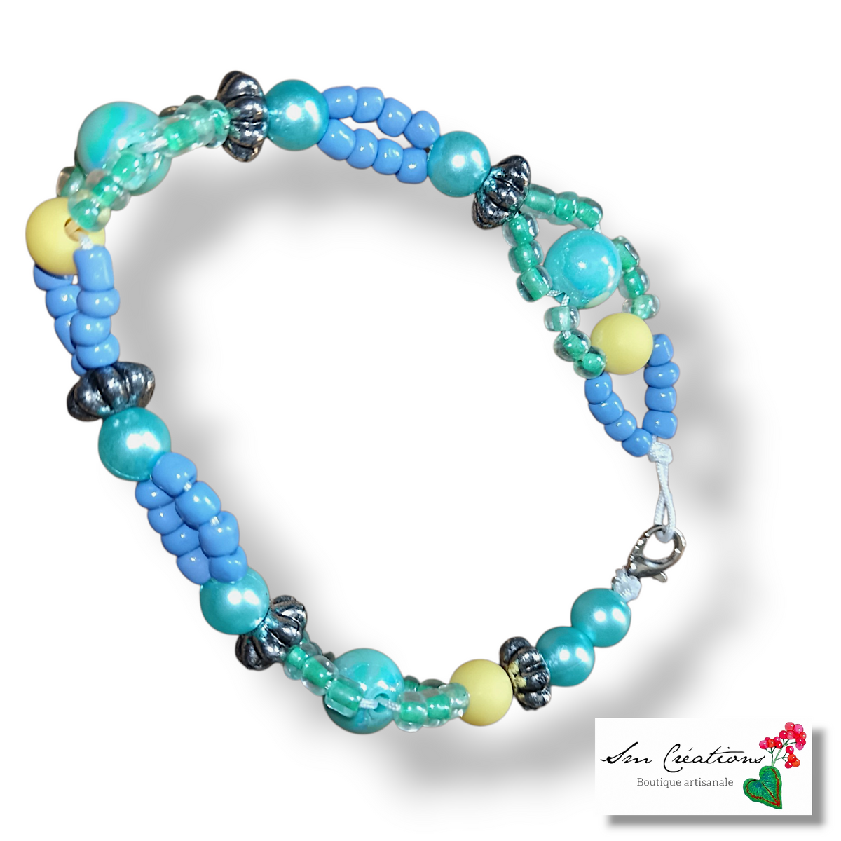 Bracelet artisanal bohème chic Coloris Bleu en perle de rocaille et irisé