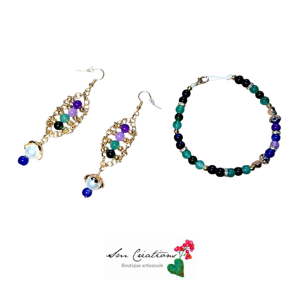 Ensemble de bijoux fantaisie fais main ''Menthe Cassis''