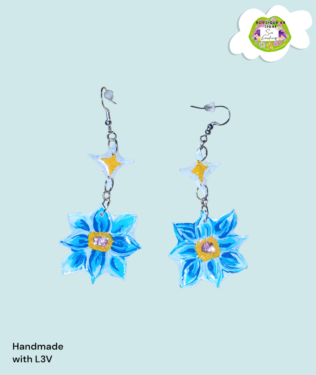Boucle d'oreille artistique |''Fleurs Bleues'' Flowers Pop| 95% Naturel Fais Main