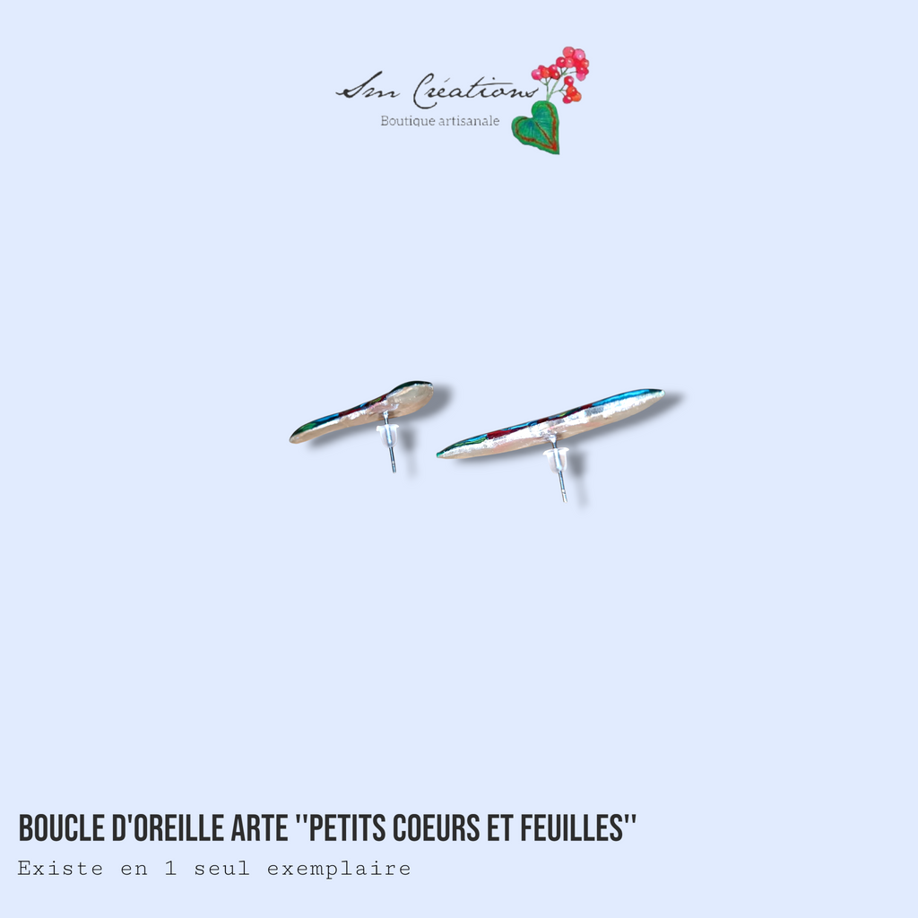 Boucle d'oreille artistique |''Petits coeurs et feuilles''| 95% Naturel Fais Main