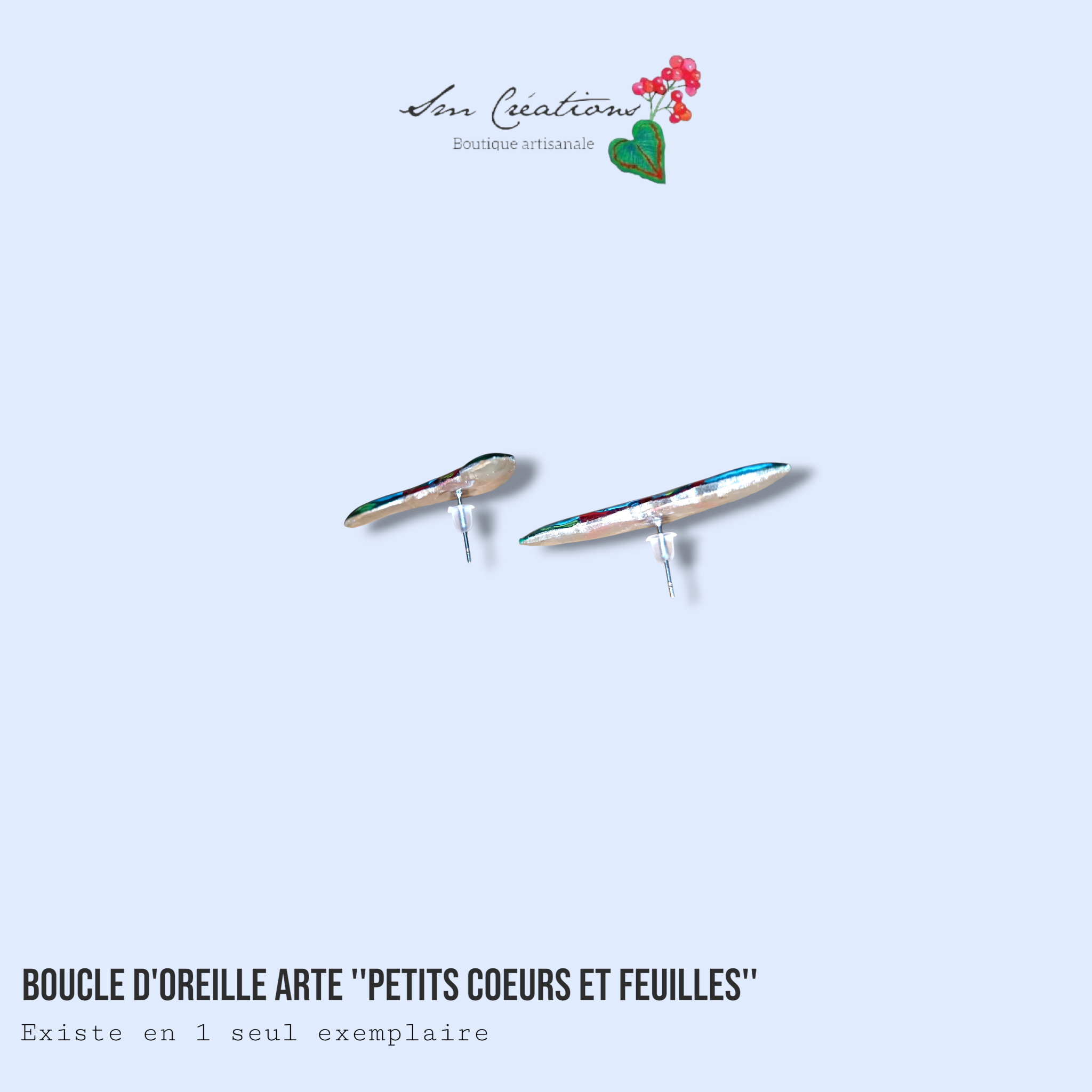 Boucle d'oreille artistique |''Petits coeurs et feuilles''| 95% Naturel Fais Main