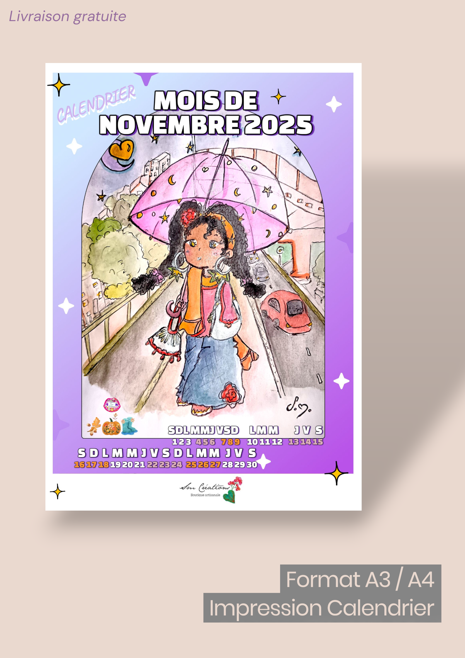 Impression Calendrier du mois de Novembre |Illustration signée SM | Année 2025
