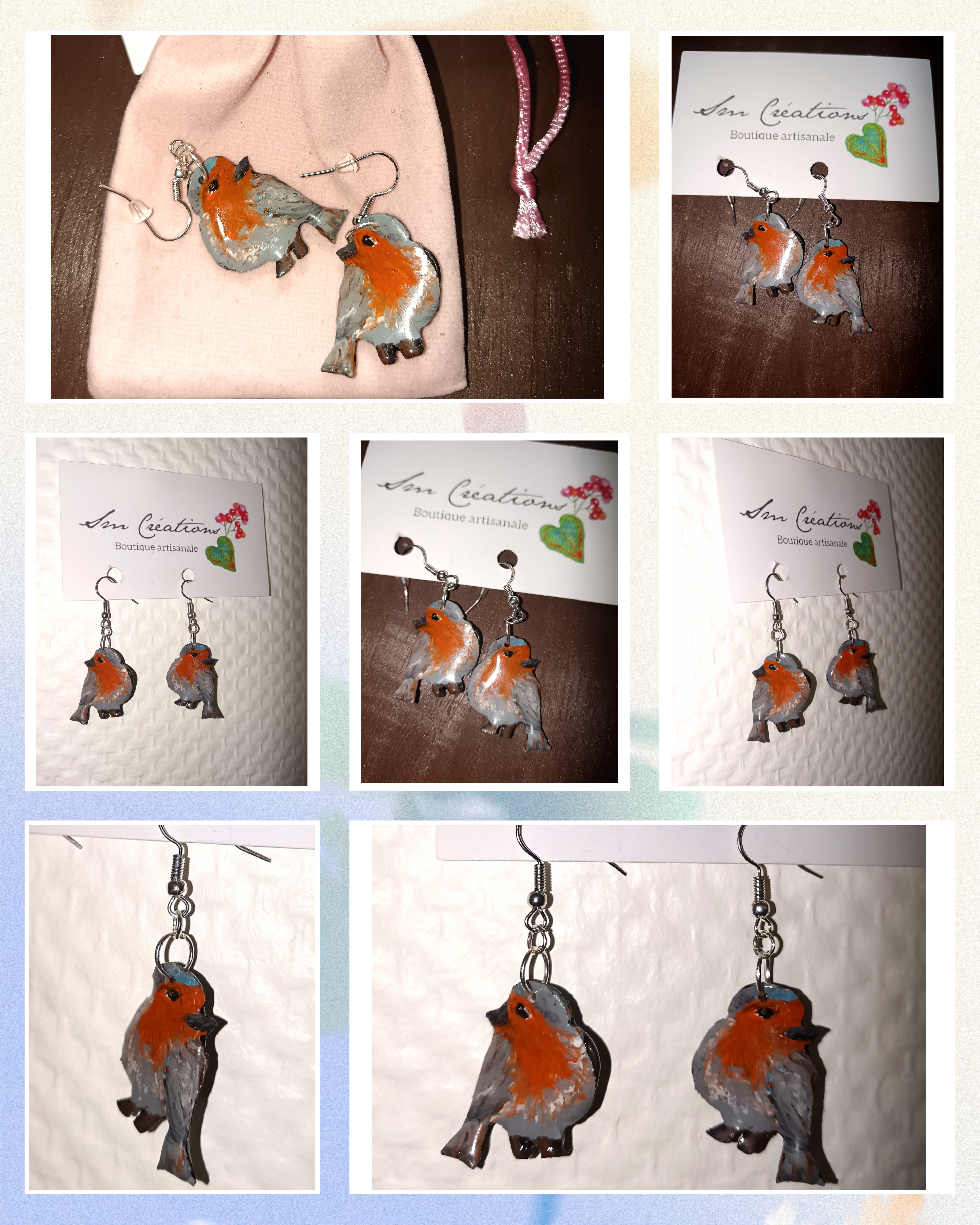Boucle d'oreille artistique |''Rouge gorge'' Jardin Privé| 95% Naturel Fais Main