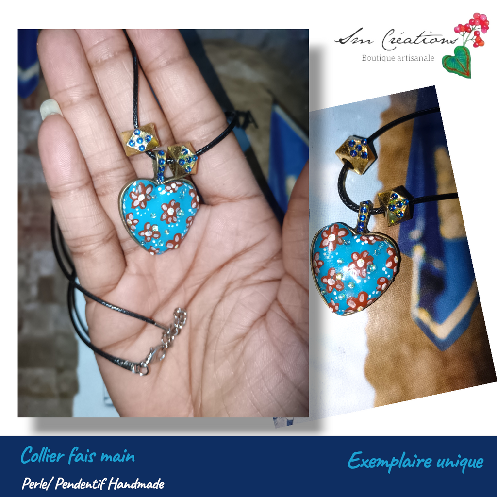Collier coeur artisanal - Bleu et Marron - Exemplaire unique