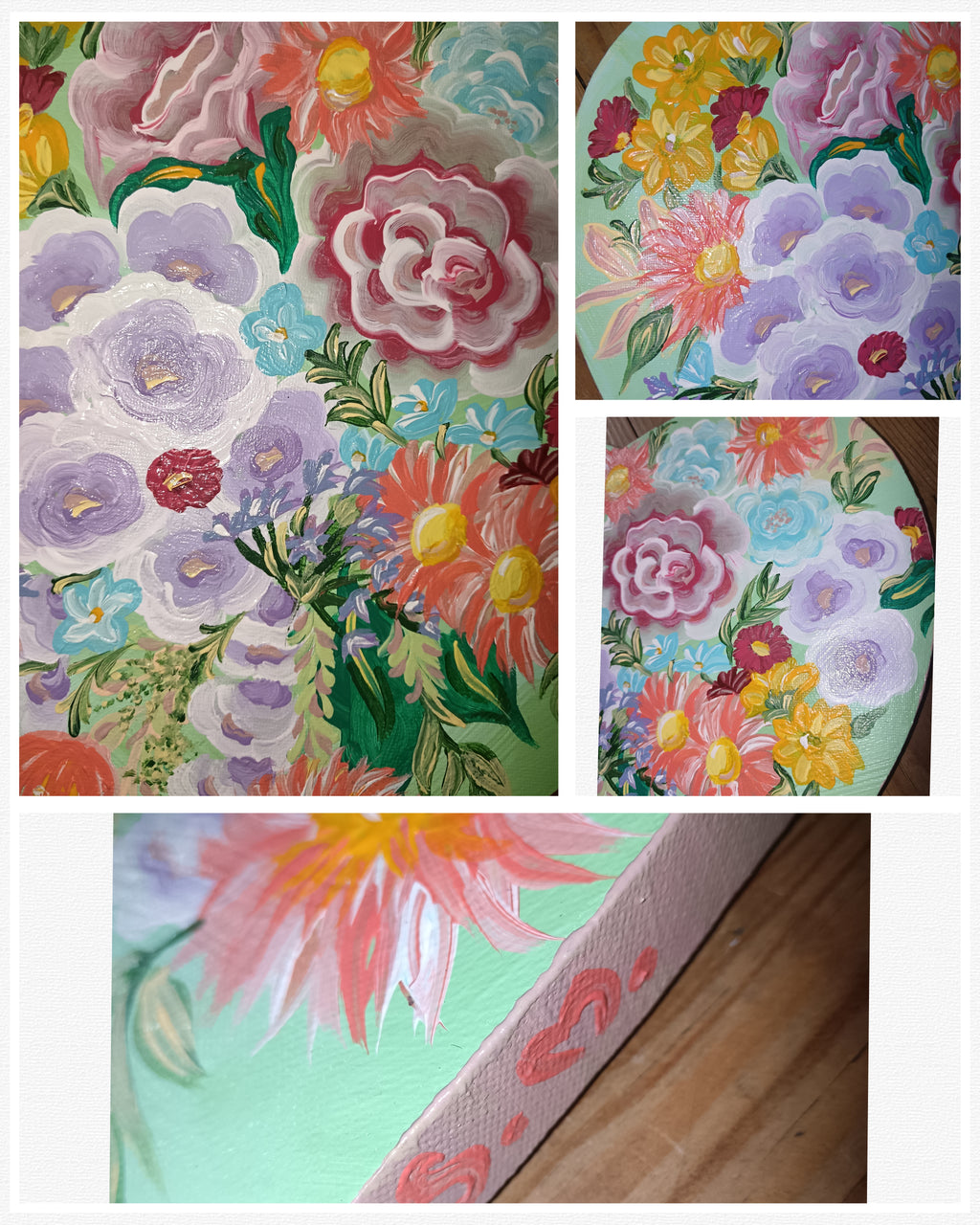 Tableau cœur floral peint à la main – Décoration murale romantique – Art bohème fleurs pastel – Cadeau unique Nature Lover "Garden  Green'' signé Sm