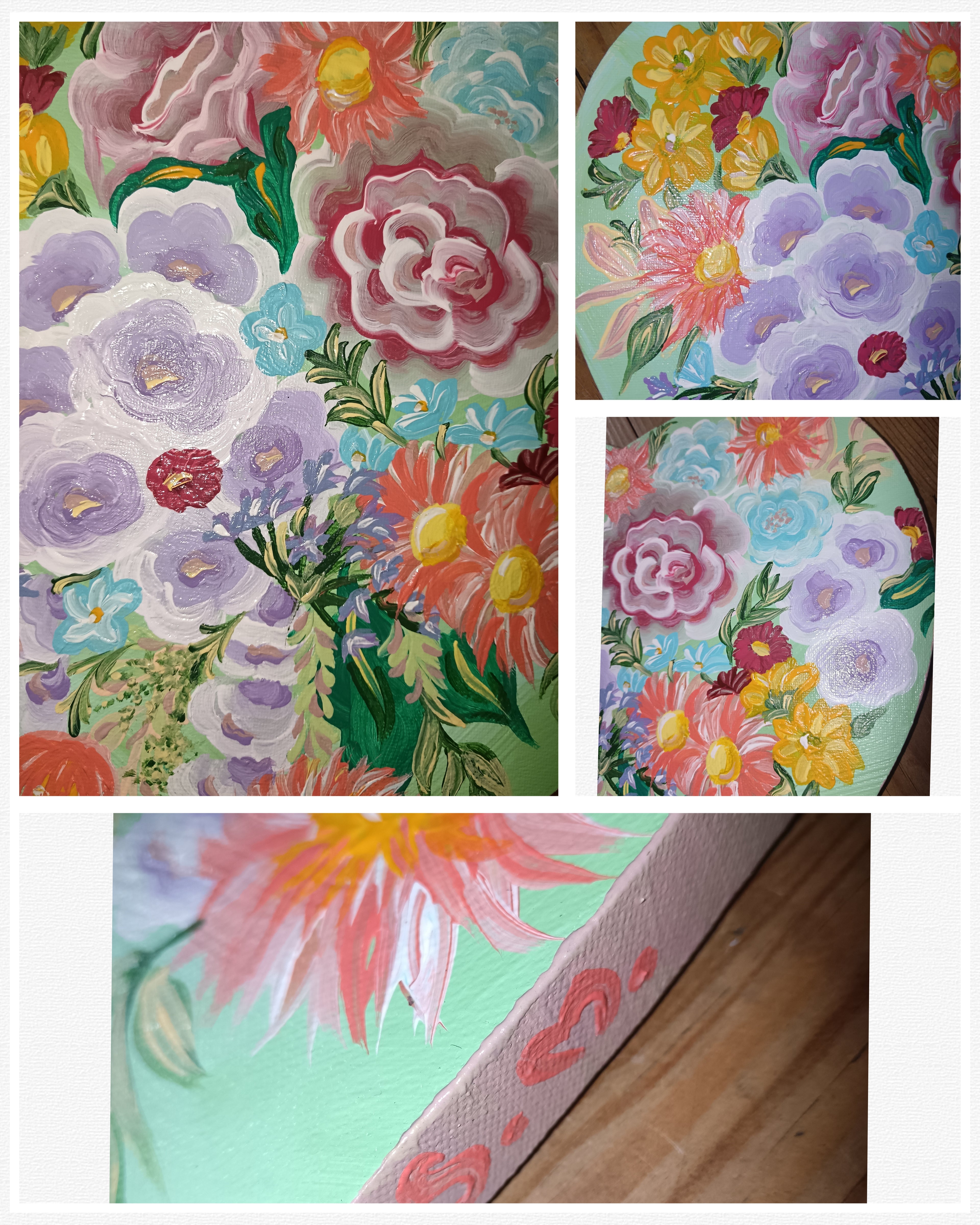 Tableau cœur floral peint à la main – Décoration murale romantique – Art bohème fleurs pastel – Cadeau unique Nature Lover "Garden  Green'' signé Sm
