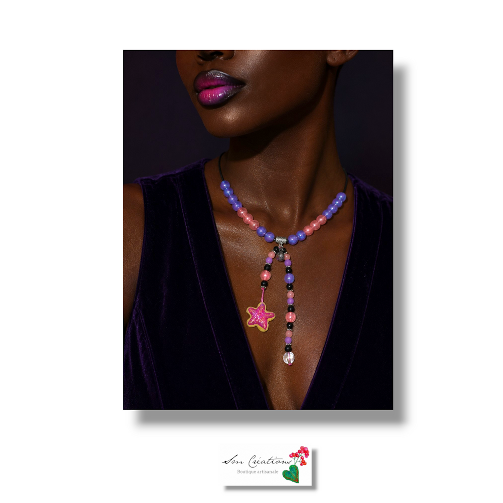 Collier unique Orange poudré/ Violet irisé au pendentif fais main