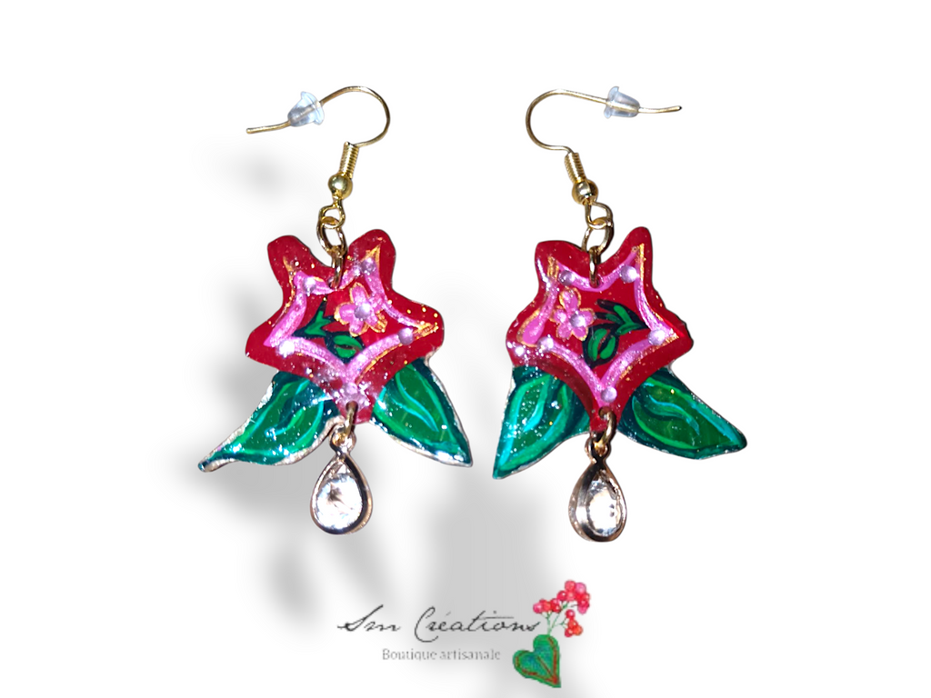 Boucle d'oreille artistique |''Fleurs rouge de saison'' Flowers Pop| 95% Naturel Fais Main
