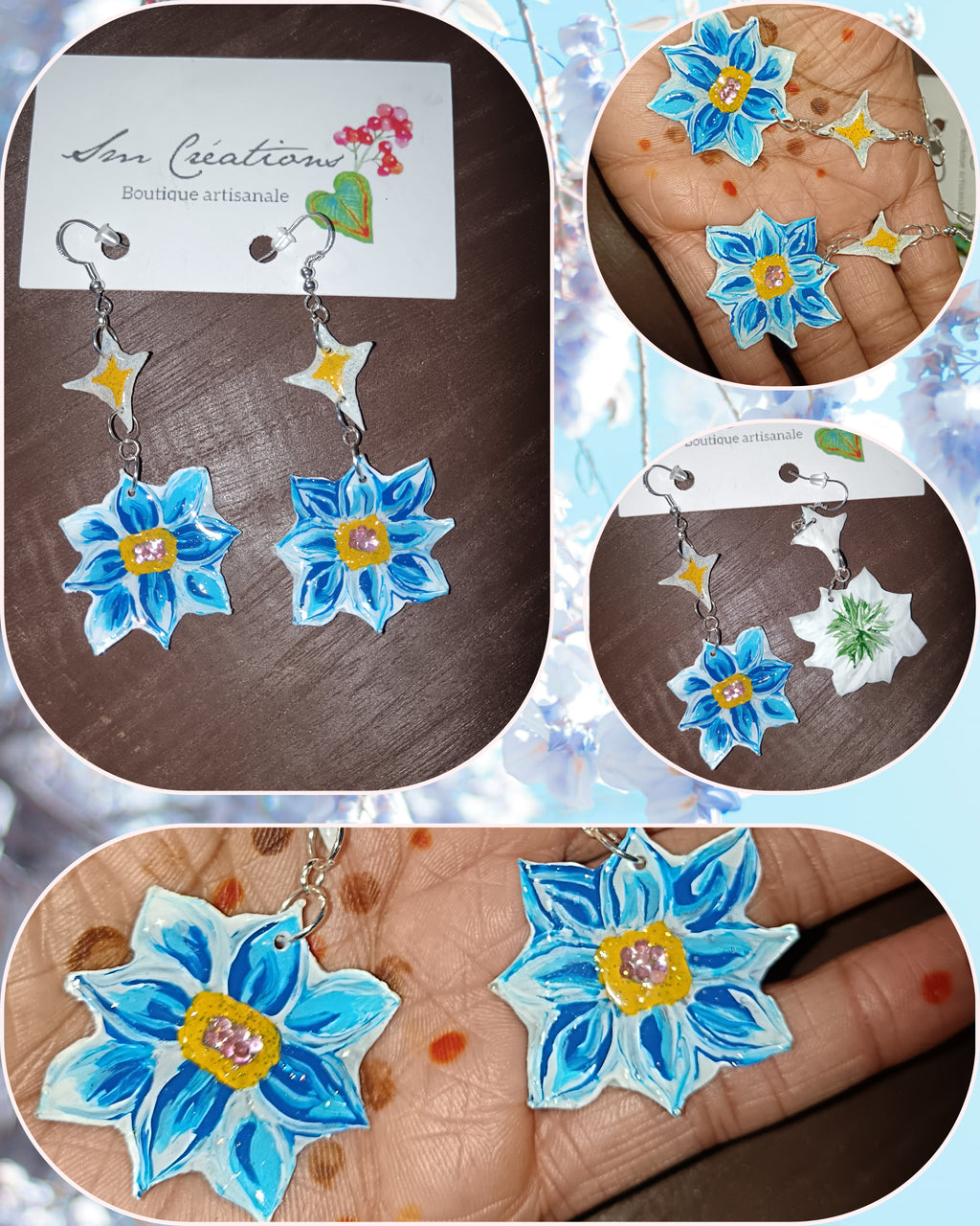 Boucle d'oreille artistique |''Fleurs Bleues'' Flowers Pop| 95% Naturel Fais Main