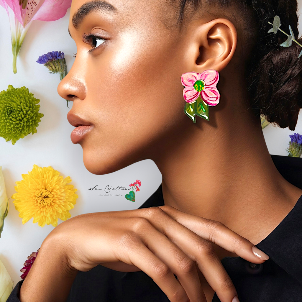 Boucle d'oreille artistique |''Flowers Pin's''| 95% Naturel Fais Main - Arte chic