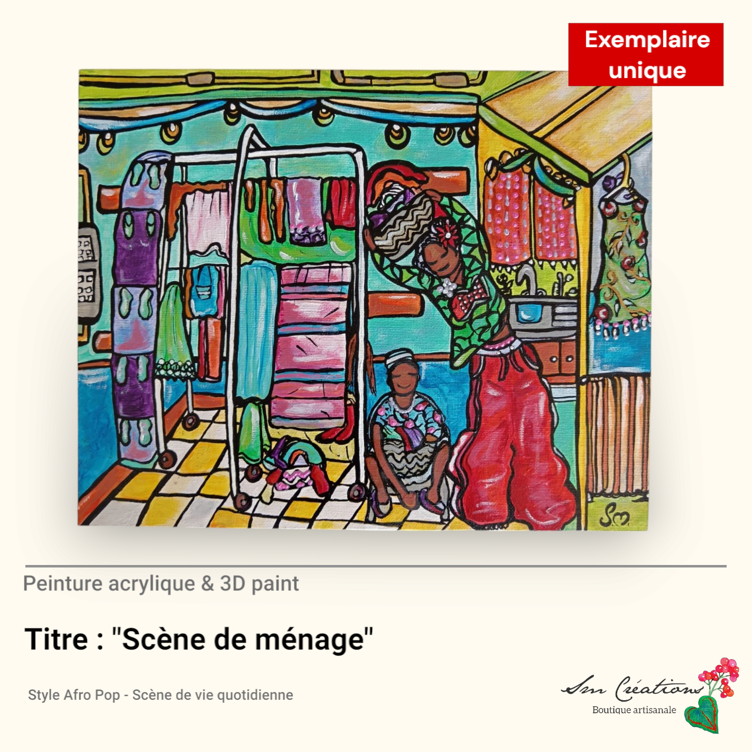 "Scène de ménage" Peinture acrylique et 3D Paint 24X30cm - Exemplaire unique signé avec certificat d'authenticité