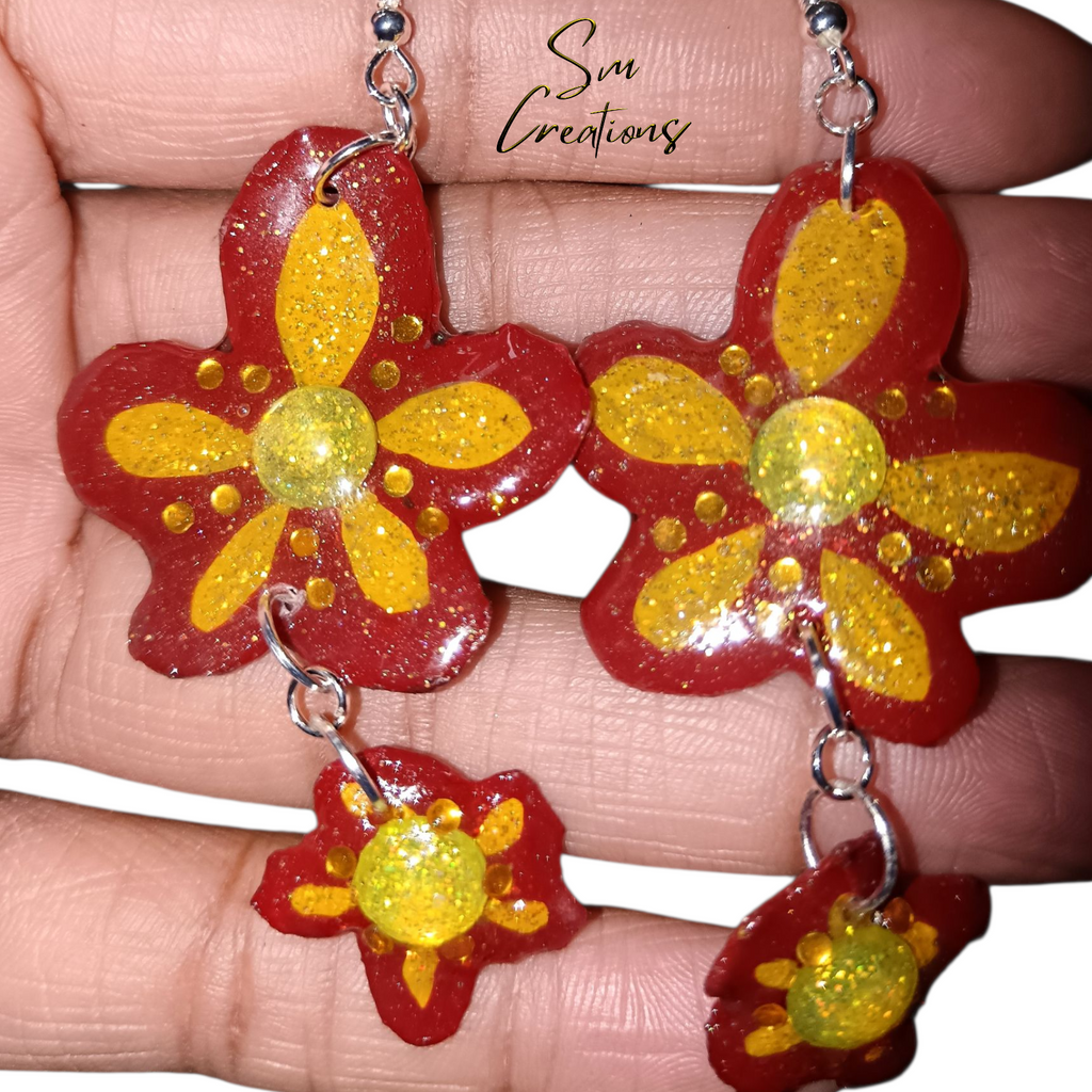 Boucle d'oreille artistique |''Pocket fleurs rouge'' Flowers Pop| 95% Naturel Fais Main